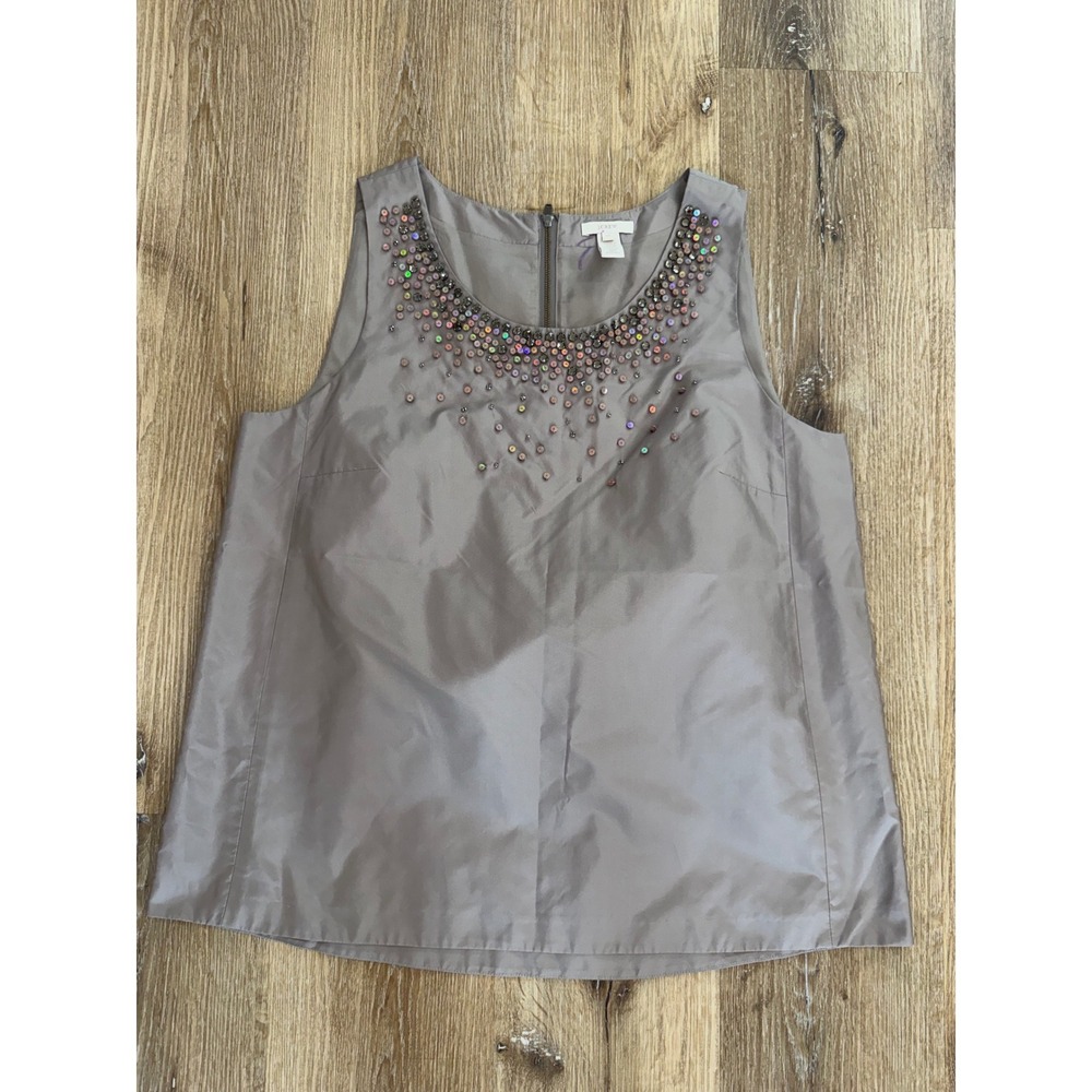 J.Crew Silk Beaded Tank Top Womens 12 Grey Iridescent Sequin Embellished NWOT